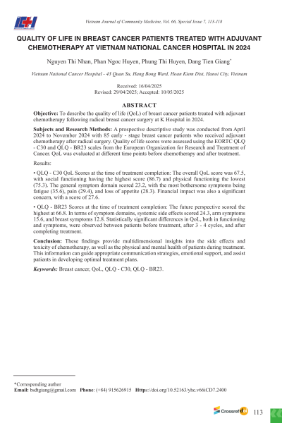 Chất lượng cuộc sống trên người bệnh ung thư vú được điều trị hóa chất bổ trợ tại Bệnh viện K năm 2024