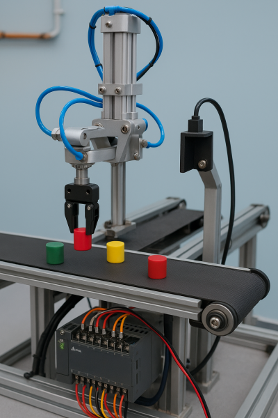 Cánh tay robot khí nén dùng cảm biến màu để phân loại vật thể